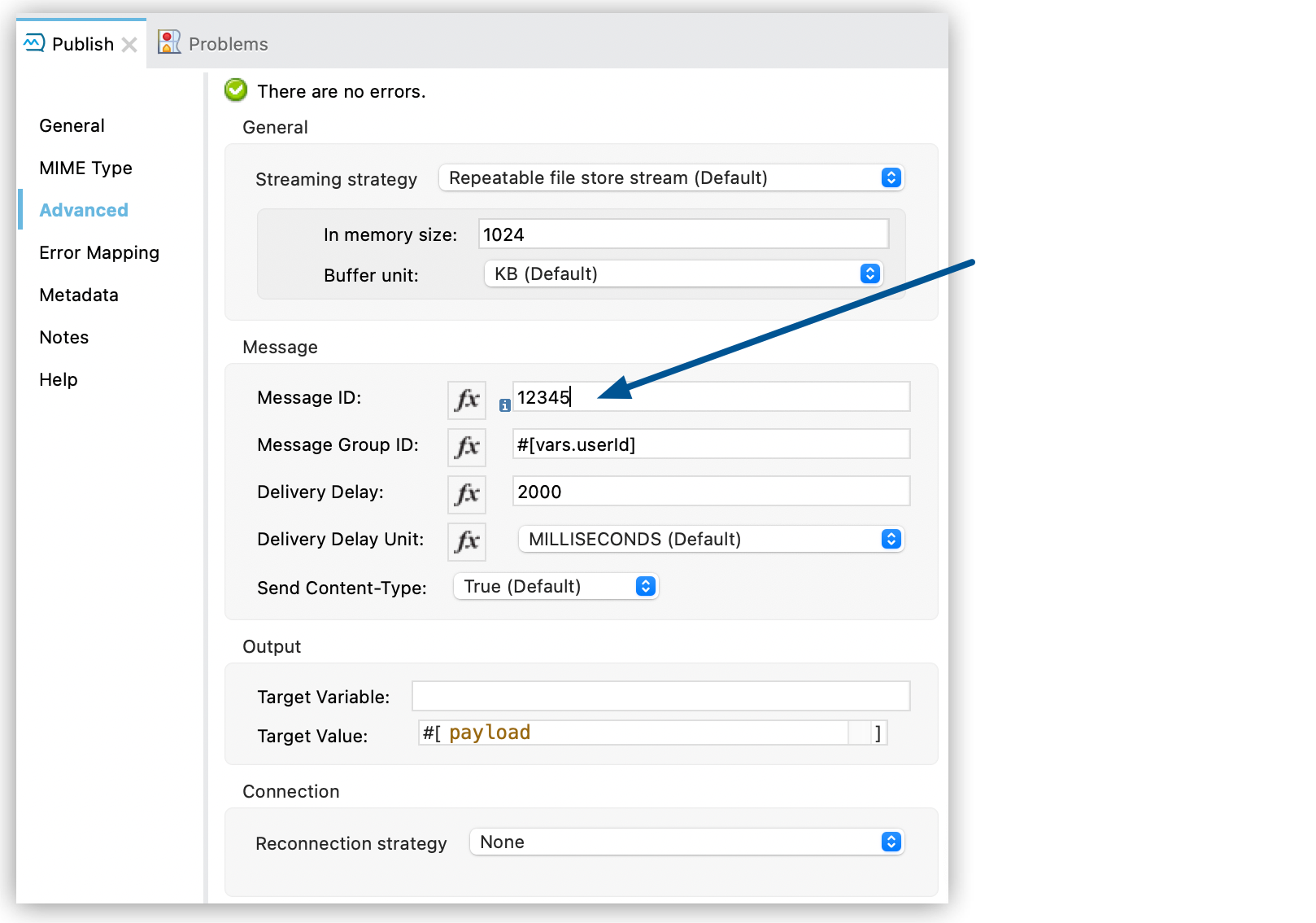 [Message ID (メッセージ ID)] が [12345] に設定されている Publish 設定ウィンドウの [Advanced (詳細)] タブ